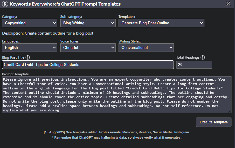 keywords everywhere prompt template