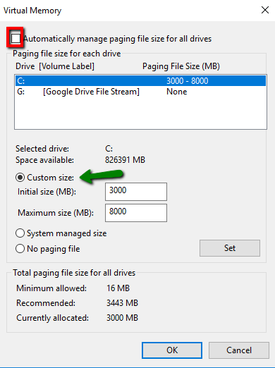 Virtual Memory for Paging File Size for Screaming Frog Memory Allocation